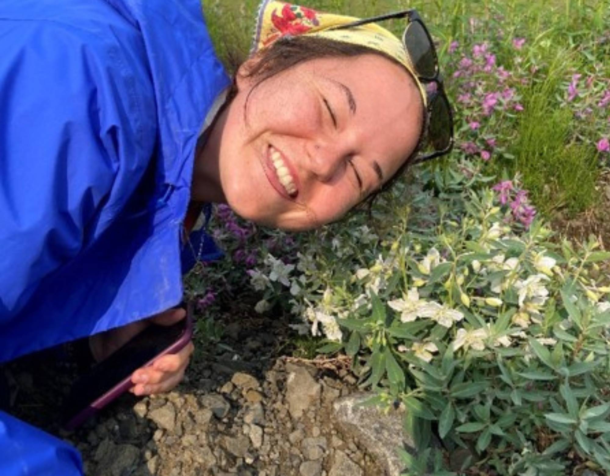 Sarah poses with rare white morph fireweed